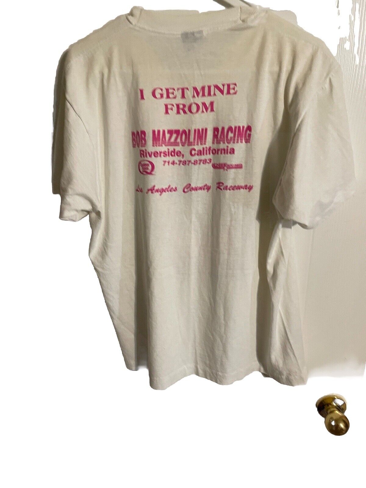 1991 vintage racing t shirt white with pink Bob Mazzolini Racing Riverside California print