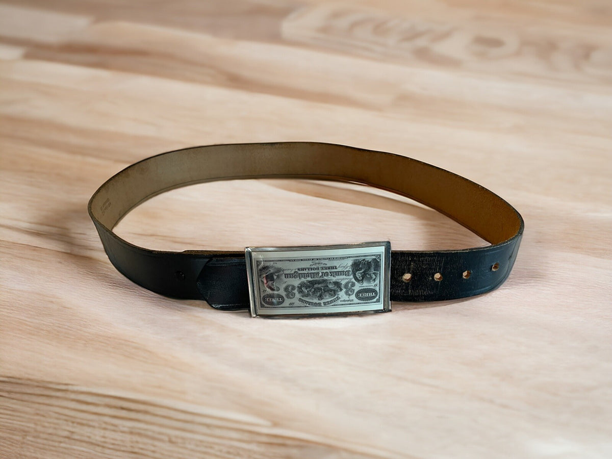 Leather Belt With Bank Of Michigan $3 Belt Buckle Size 42