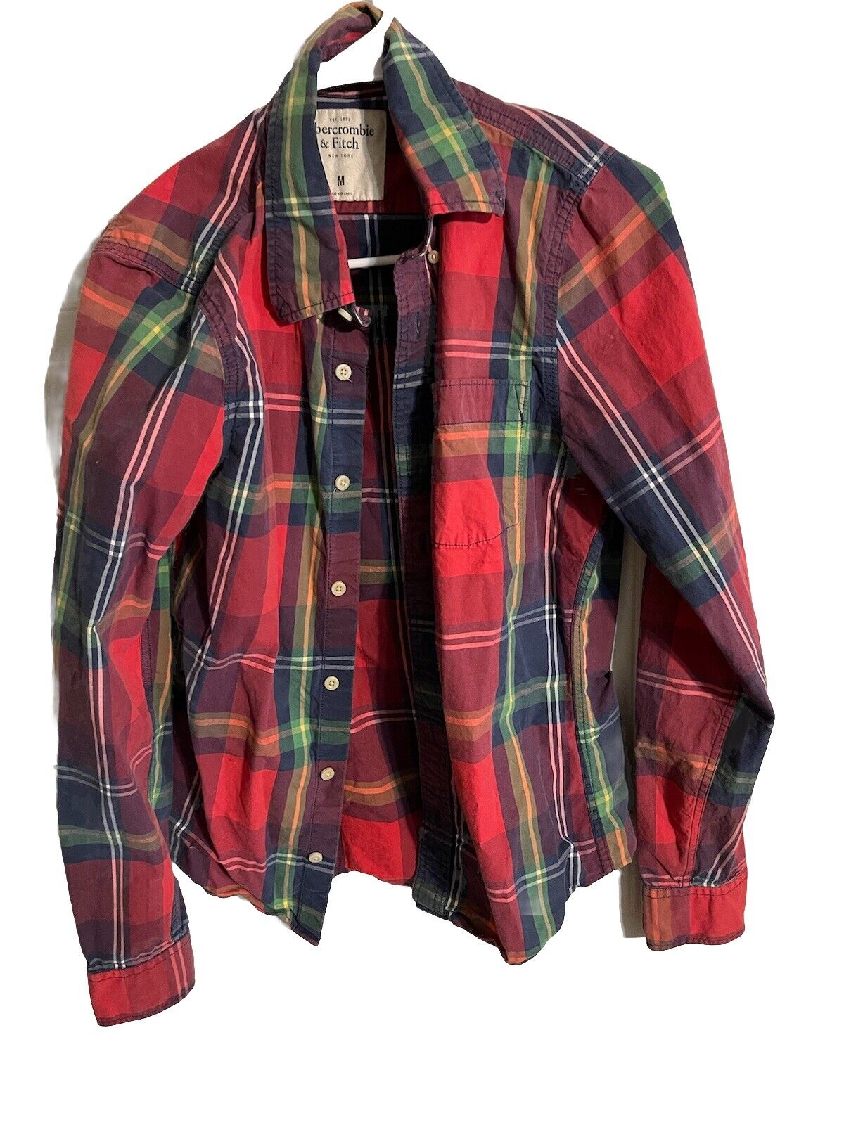Abercrombie colorblock plaid shirt with red green and navy blue patterns and button front