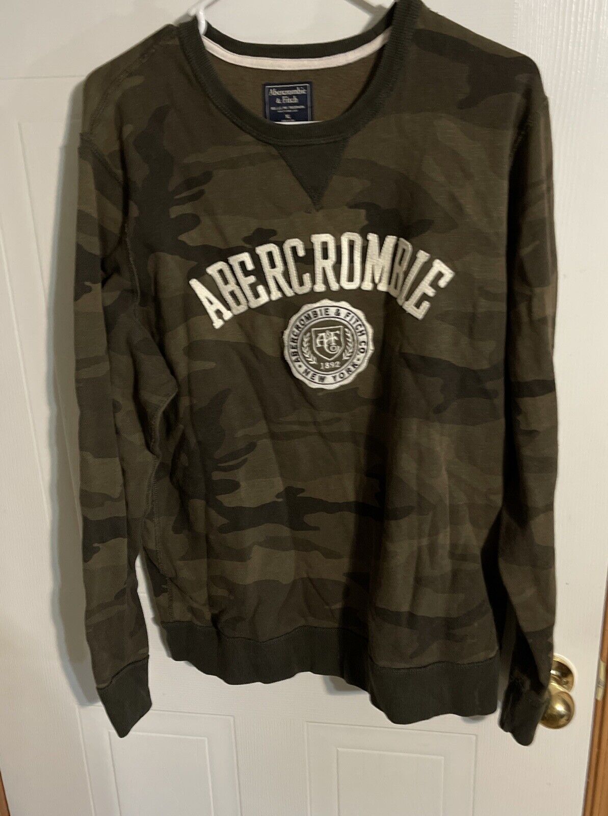 Abercrombie Fitch camo sweatshirt in green with white logo and crew neck design