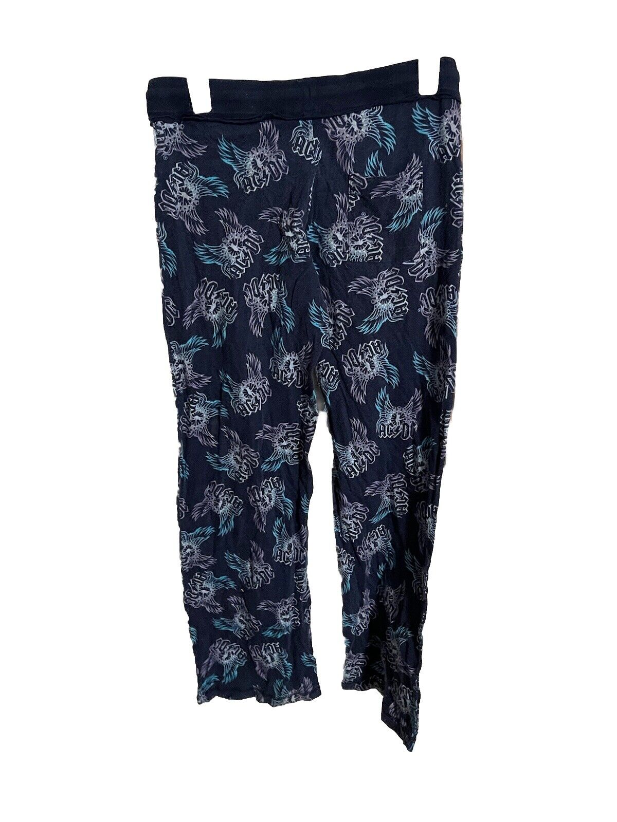 Black and blue ACDC pajama pants with all-over band logo print from 1118 Emporium