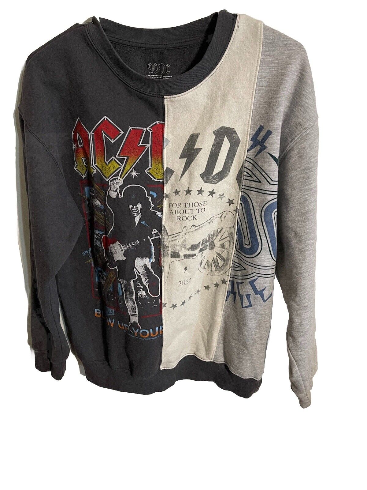 ACDC sweatshirt small with black and gray color block design featuring rock band graphics