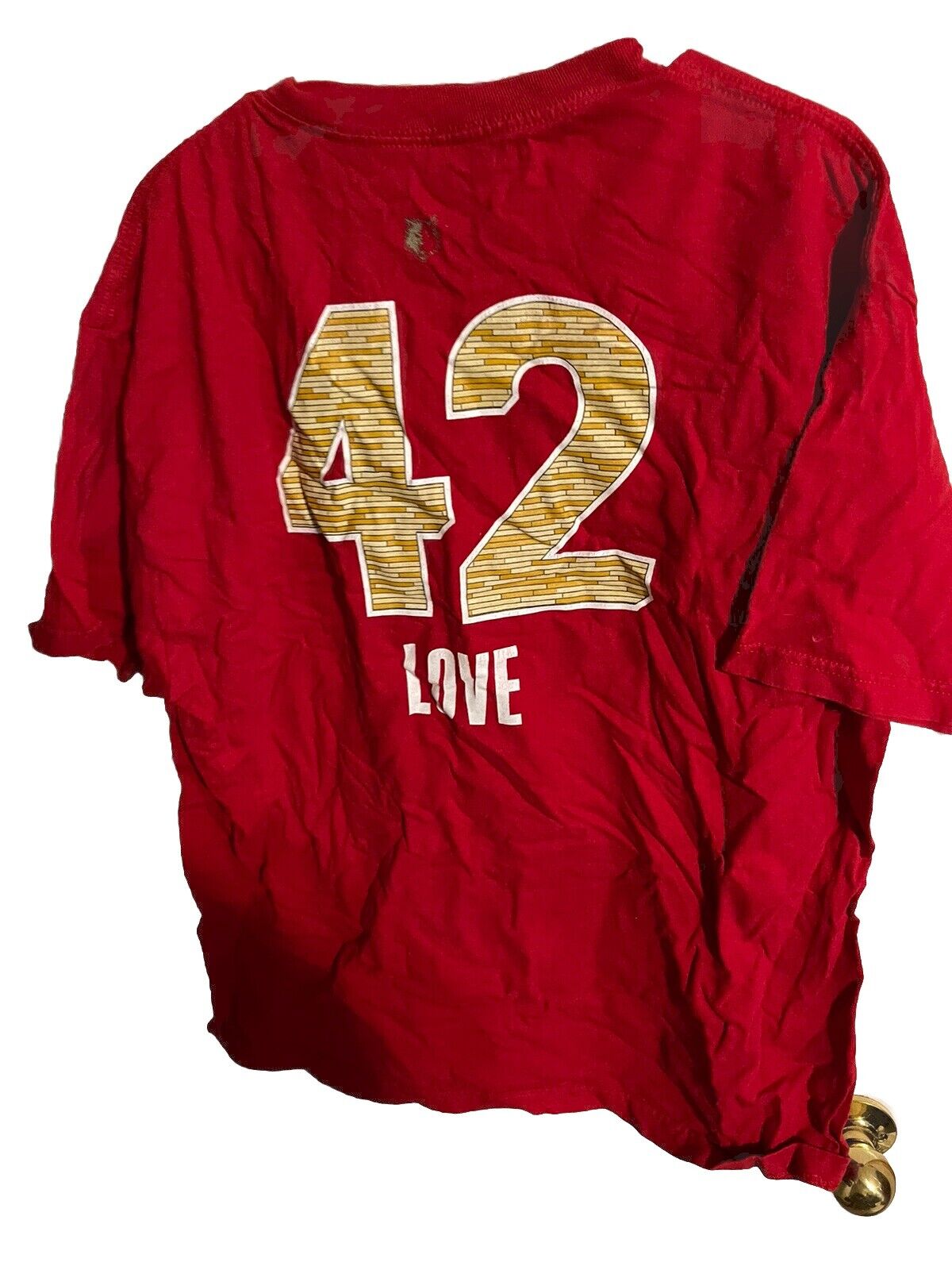 Red Adidas West All Star t shirt with gold number 42 and love text on the back
