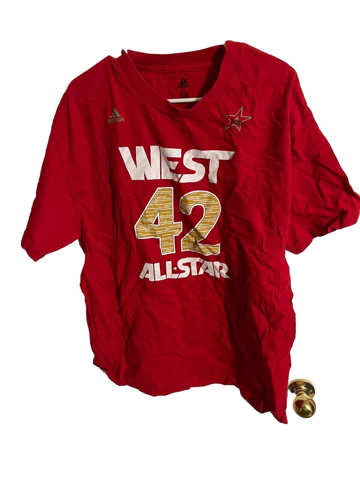 Red Adidas West All Star t shirt with white and gold graphic design and star emblem