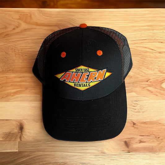 Black Ahern Rentals snapback hat with orange and yellow embroidered logo and mesh back from 1118 Emporium
