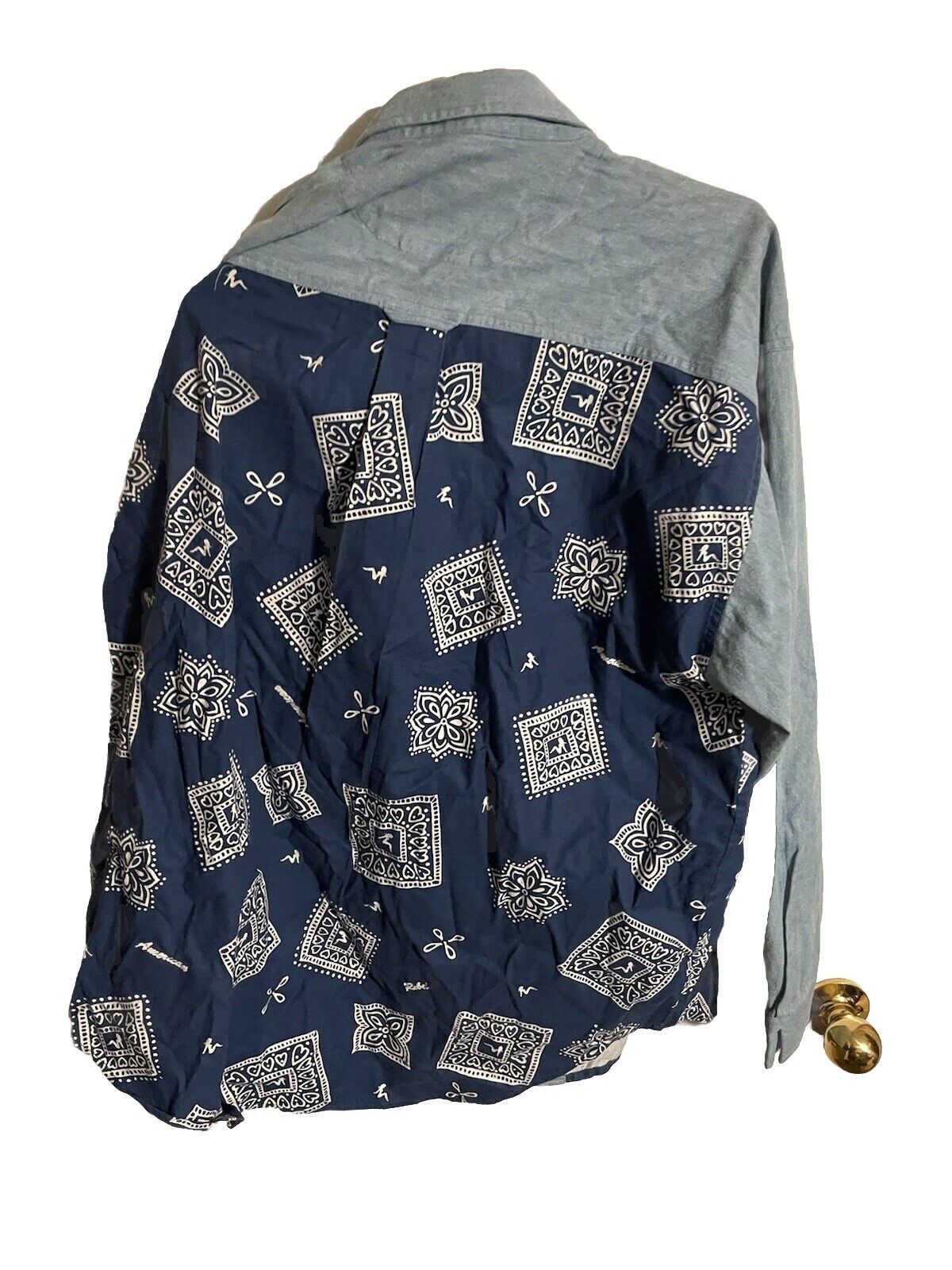 American Rebel western shirt with gray upper section and navy blue bandana print bottom