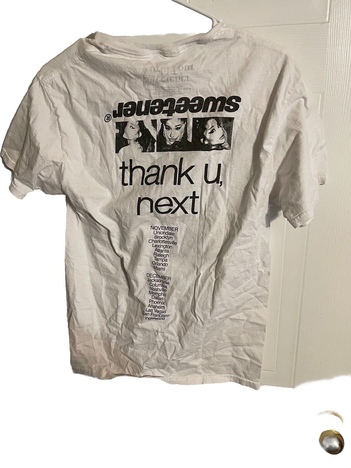 White Ariana Grande Sweetener tour shirt with thank u next print and tour dates on back