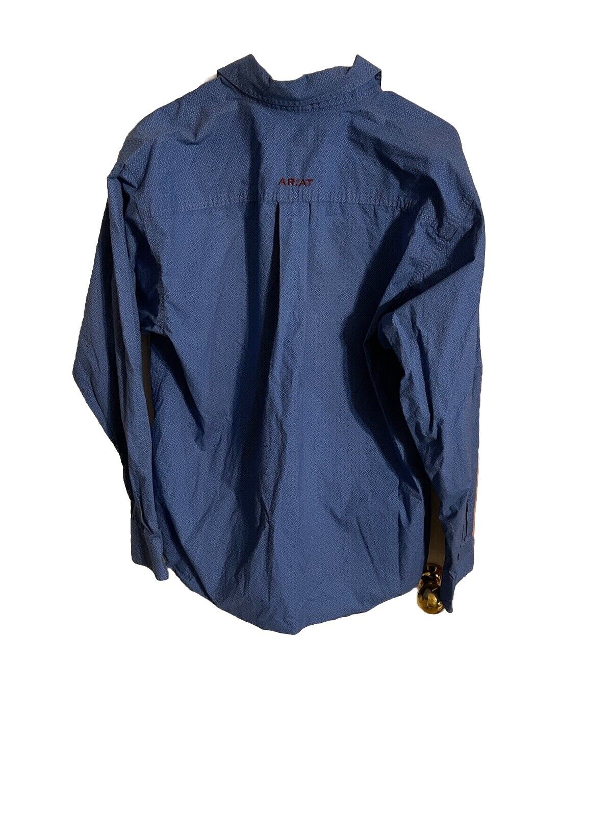 Ariat blue button down shirt with long sleeves and subtle embroidered logo on the back