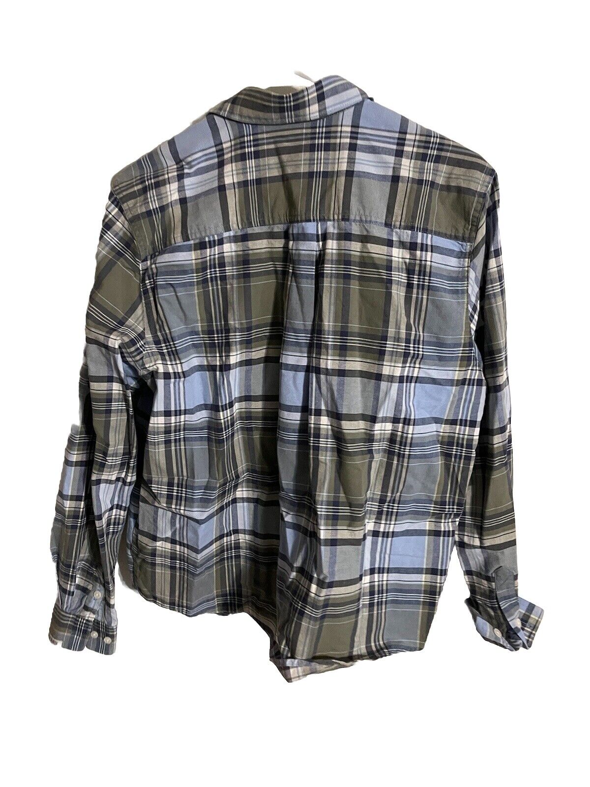 Back view of authentic rockies jeanswear shirt in blue and green plaid pattern from 1118 Emporium