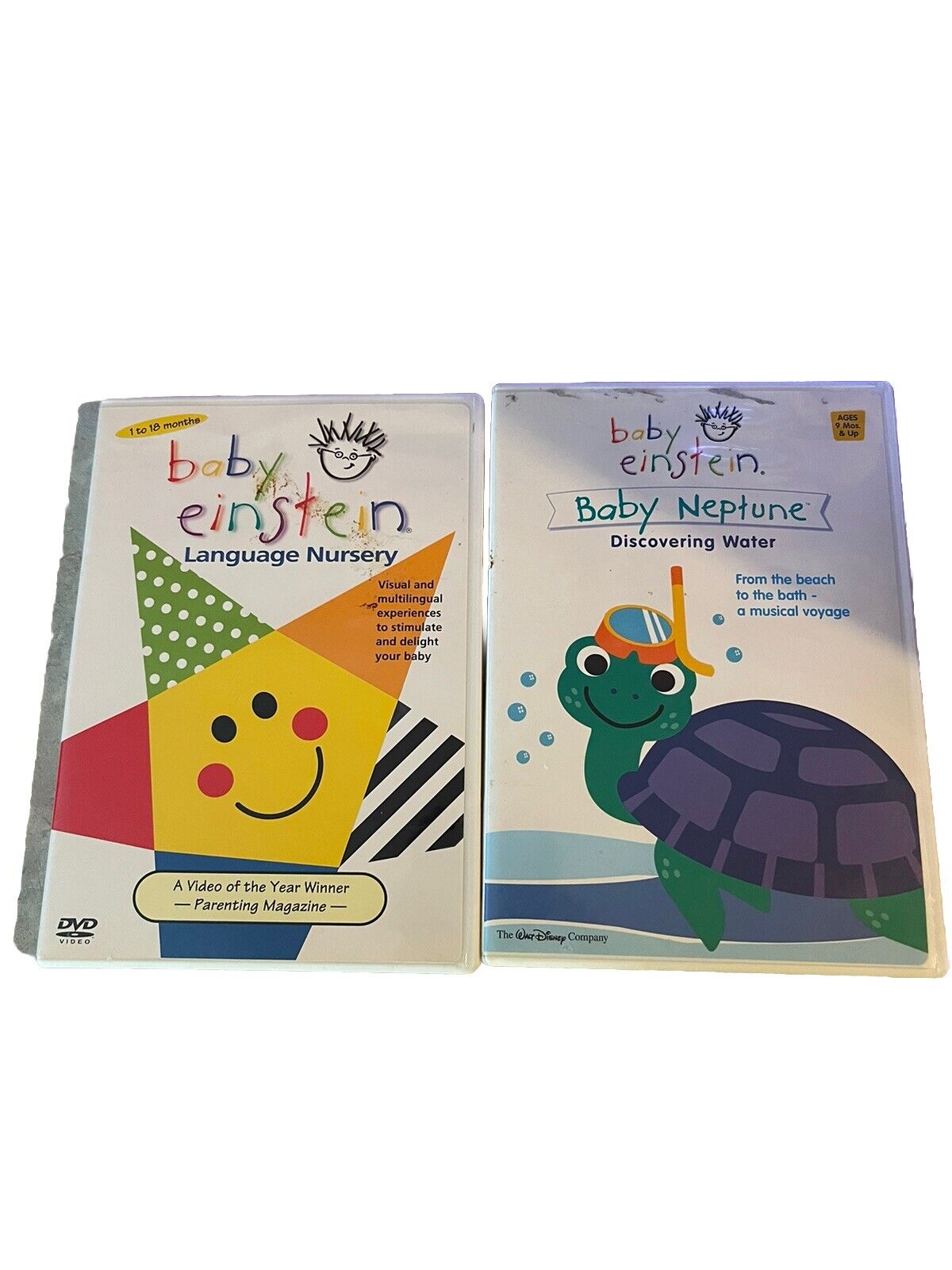 Children's learning video lot featuring Baby Einstein Language Nursery and Baby Neptune Discovering Water DVDs