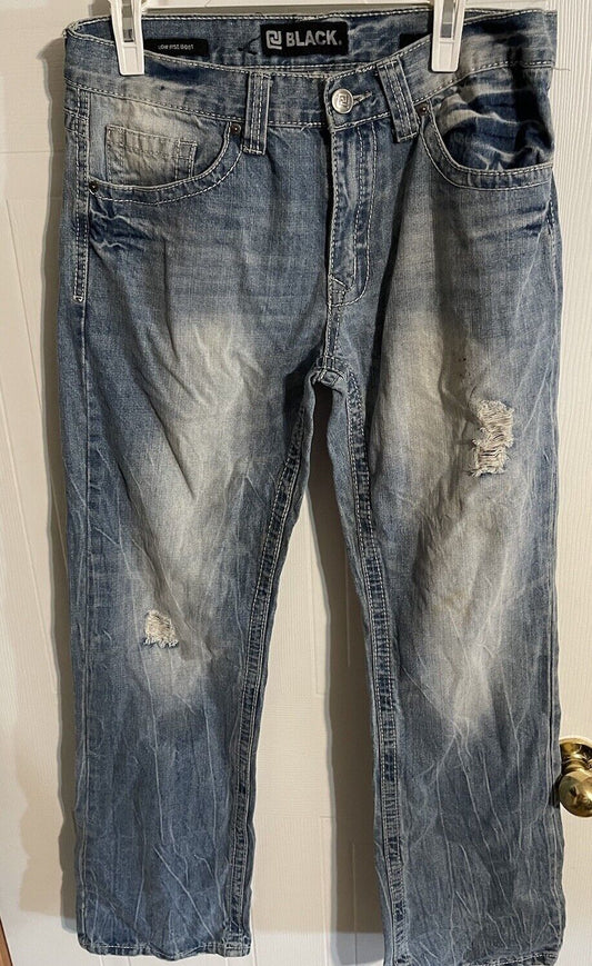 Faded black low rise bootcut jeans with distressed detailing hanging on a white hanger