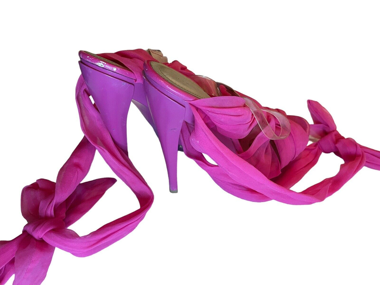 Pink strappy high heel sandals with long fabric ties for elegant ankle wrap styling