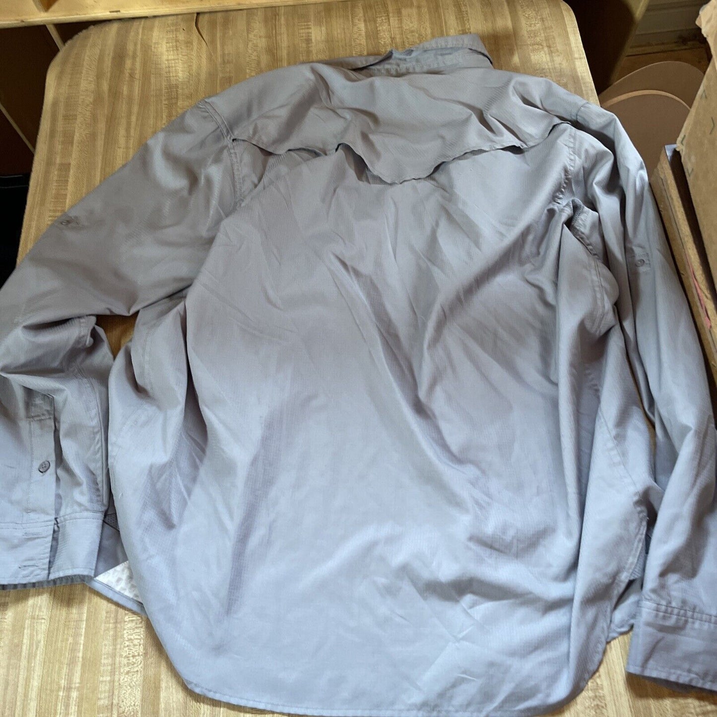 Rank 45 lightweight shirt medium in light gray laid flat showing back and sleeves