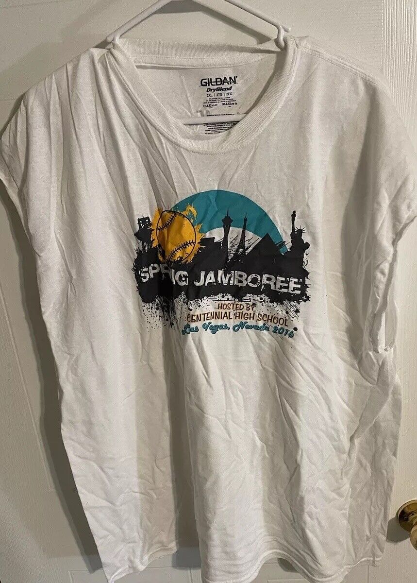 1118 Emporium sleeveless event t shirt 2XL white with colorful Spring Jamboree graphic