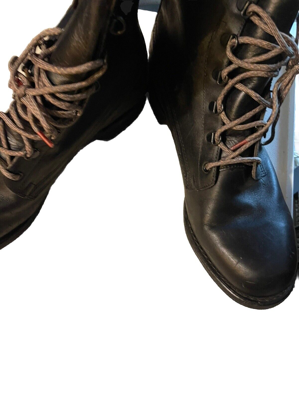 Pair of vintage Addison combat boots in black leather with laces and rugged soles