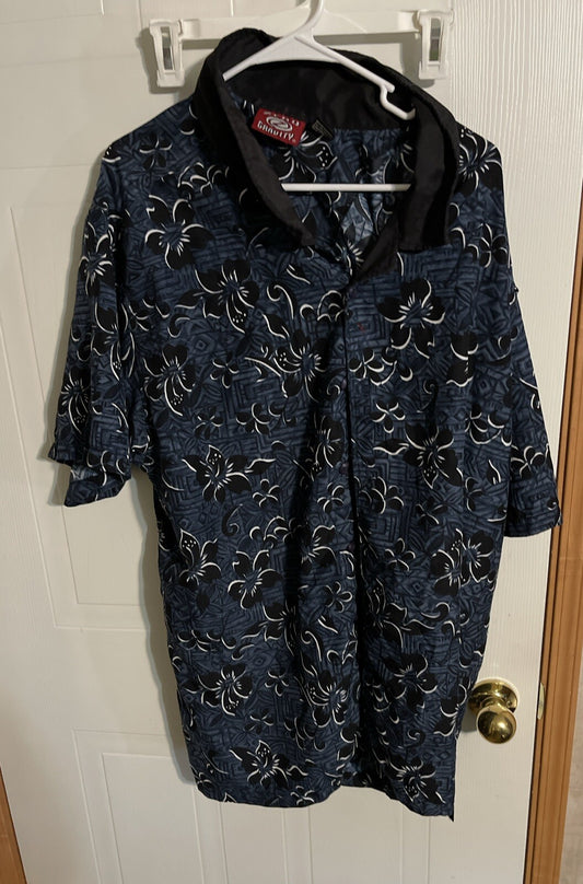 Zero Gravity Hawaiian shirt XL with black and white floral pattern hanging on white hanger
