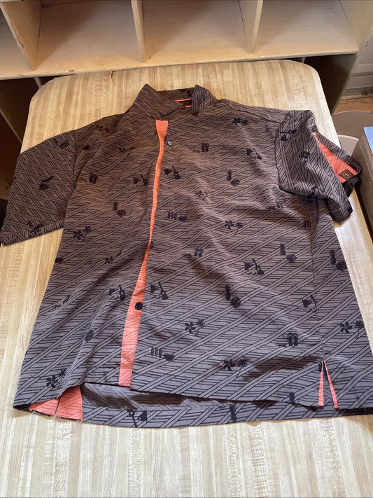 Zippy's Hawaiian shirt large with geometric and floral patterns in brown and orange accents