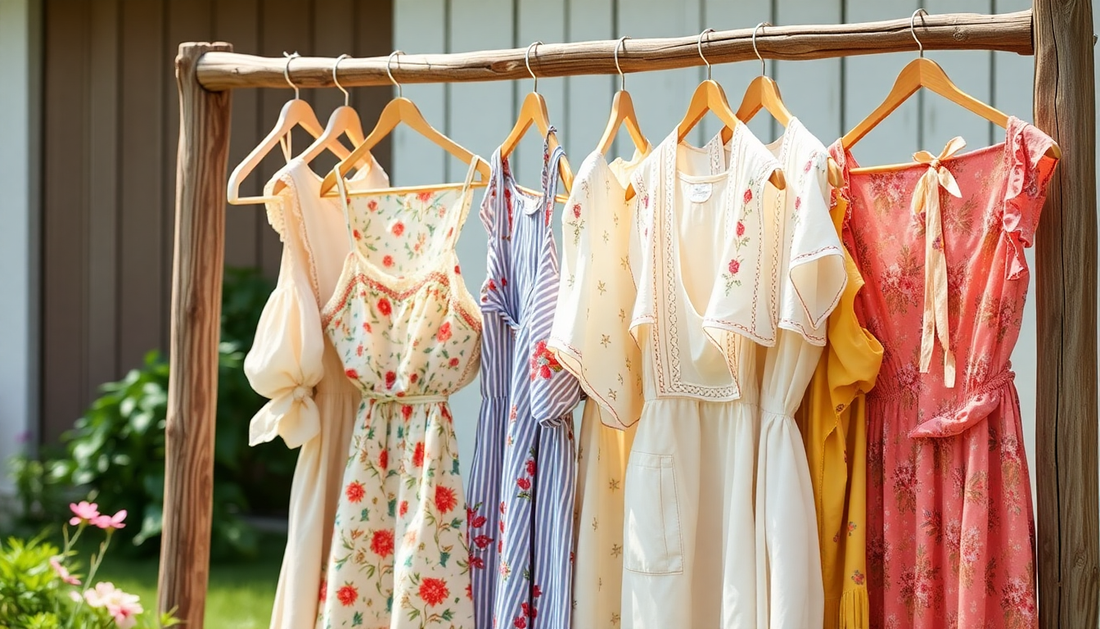 Vintage summer clothes displayed on a rustic rack outdoors