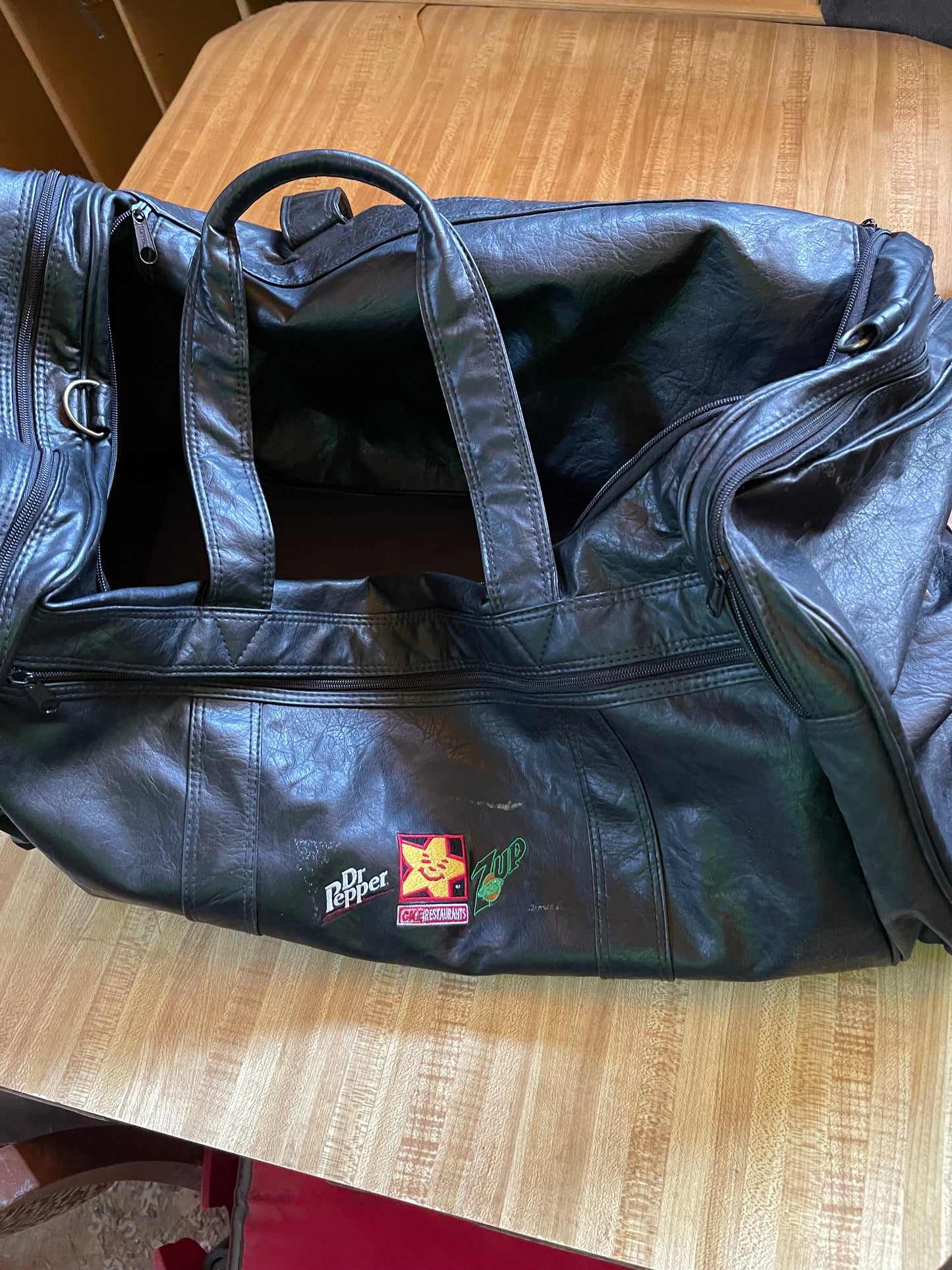 Vintage promotional leather duffle bag Dr Pepper 7up Carl’s Jr