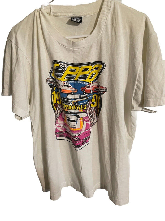 1991 vintage racing t shirt white with colorful race car graphic and bold text design