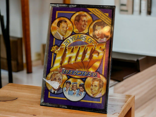20 years of hits cassette featuring music from 1940 to 1959 with vintage artist portraits on cover