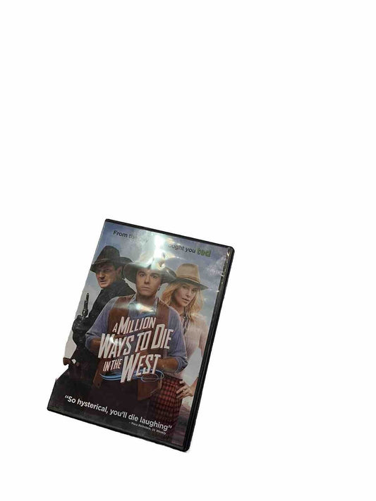 2014 western comedy movie DVD titled A Million Ways to Die in the West featuring three characters in western attire