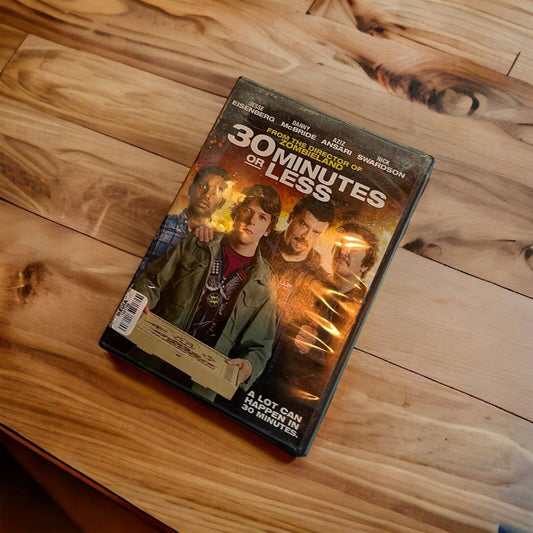 30 Minutes or Less DVD movie case showing four main characters on wooden table