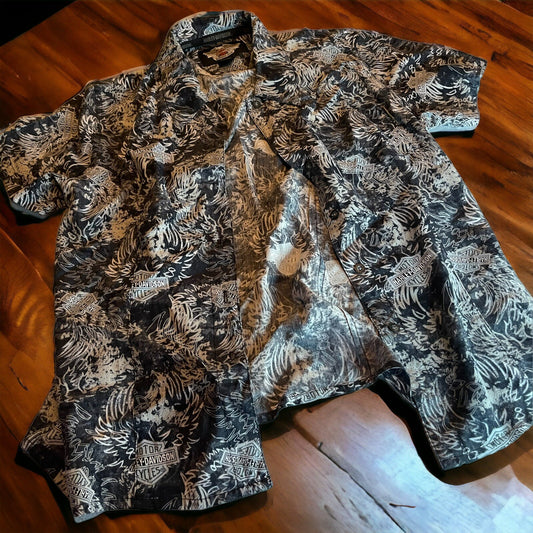 Harley Davidson All Over Print Hawaiian Shirt Rayon Medium