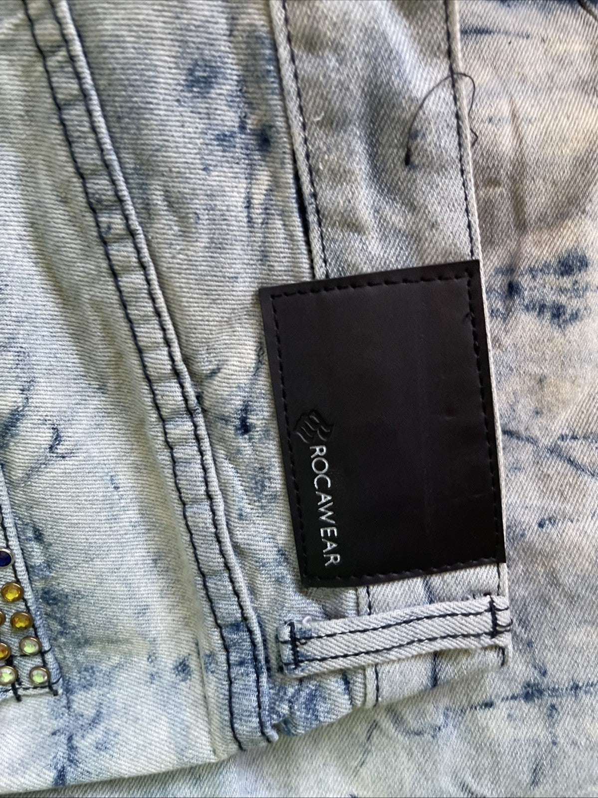 Rocawear Acid Wash Jeans 36/30 Flap Pockets Bedazzled Pockets Y2K Hiphop