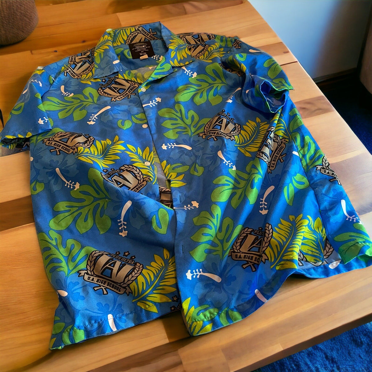 My Hero Academia Shirt Mens XL Blue Floral Hawaiian Short Sleeve Button Camp