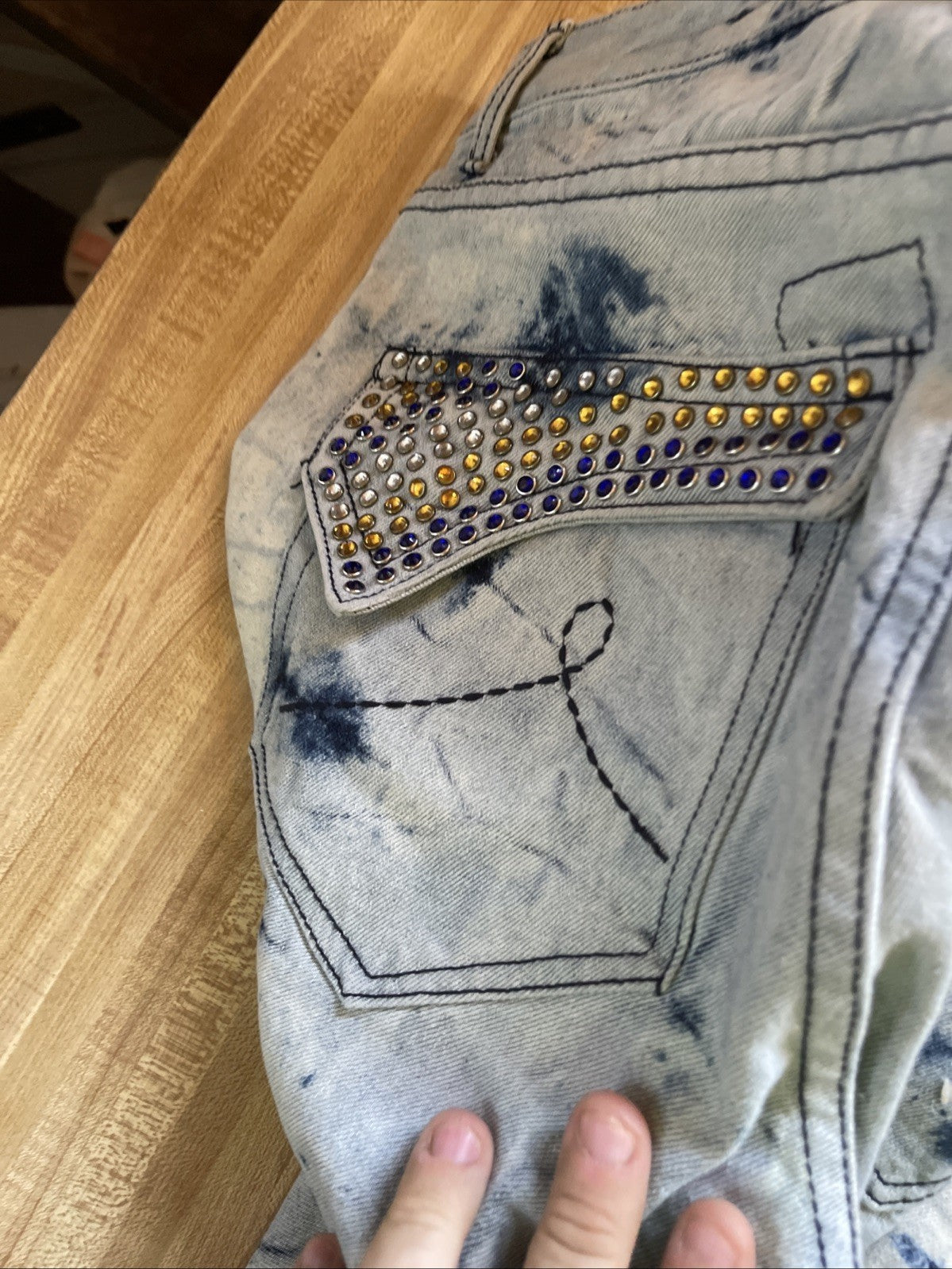 Rocawear Acid Wash Jeans 36/30 Flap Pockets Bedazzled Pockets Y2K Hiphop