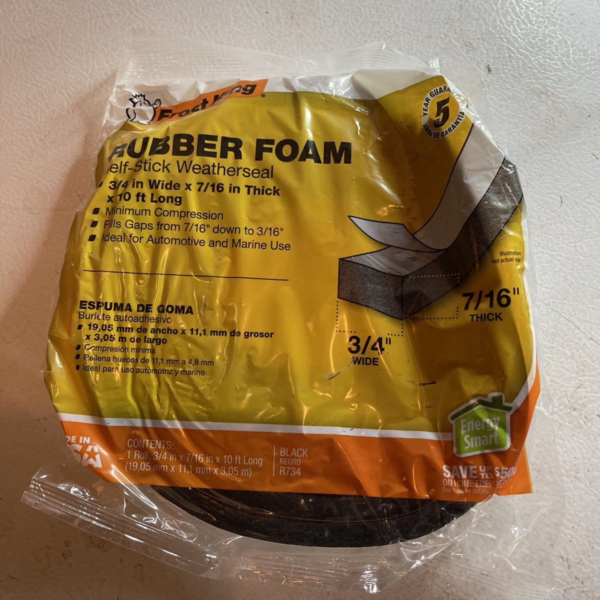 Thermwell  Rubber Foam Self Stick Weatherseal Tape, 3/4W x 7/16-In. T x 10-Ft.