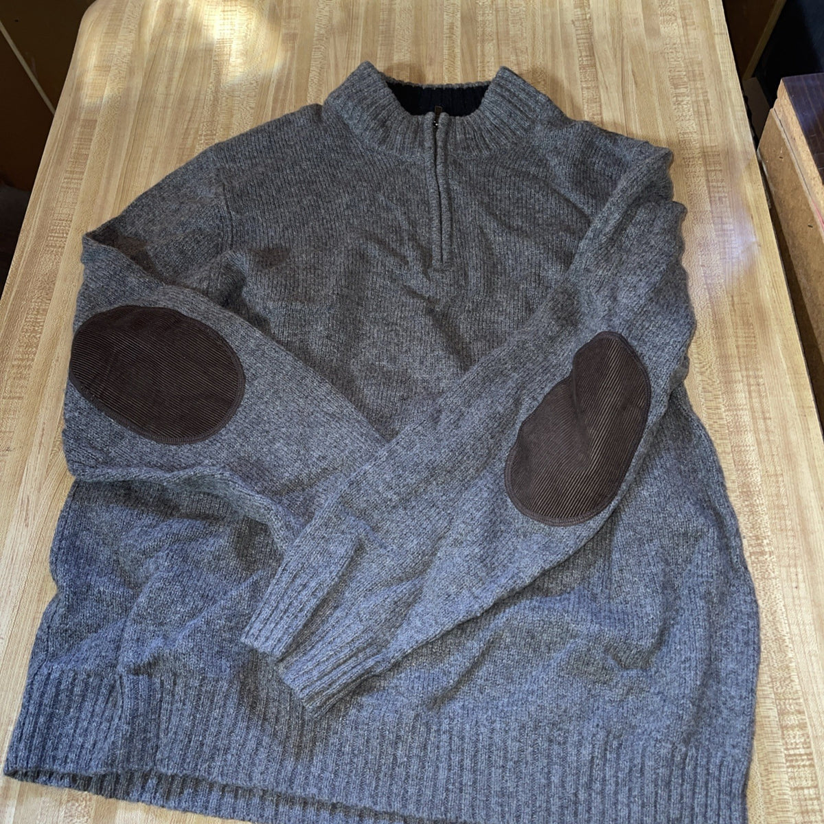 LL Bean 100% Shetland Wool Gray Sweater Mens XL Corduroy Elbow 1/4 Quarter Zip