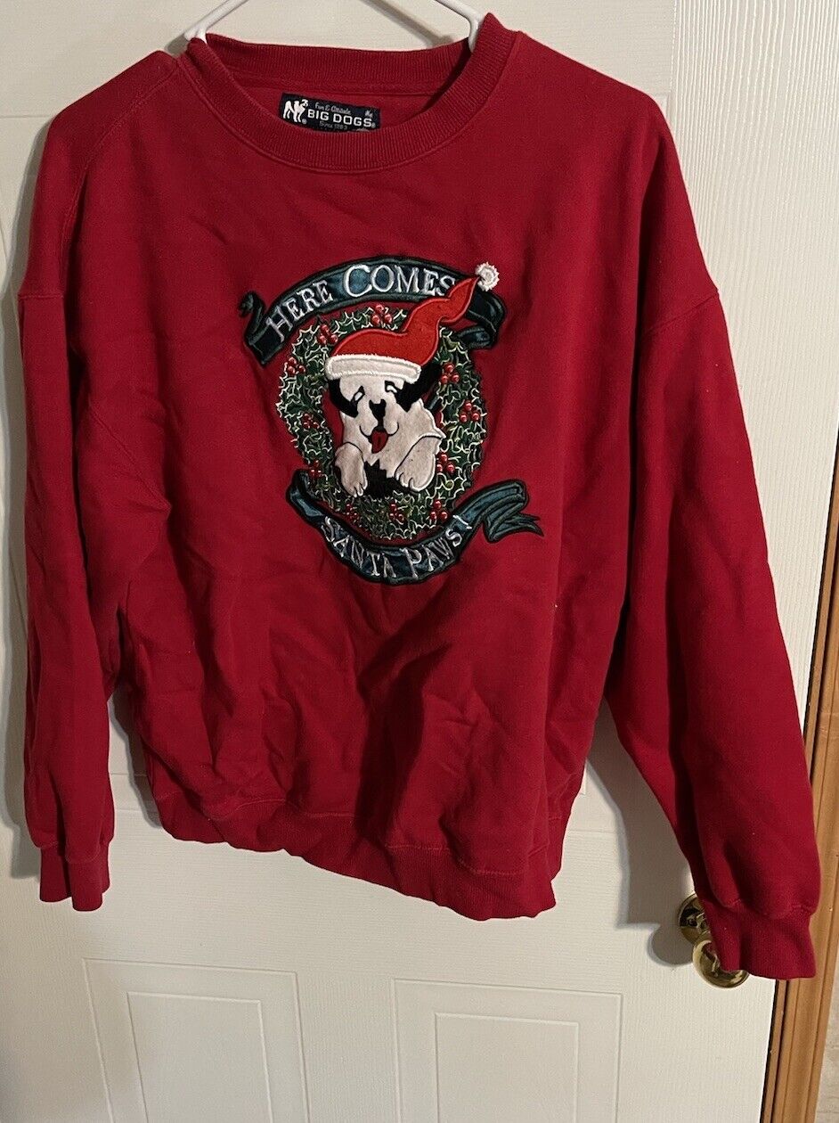 VINTAGE Big Dogs Christmas Santa Paws Fleece Sweatshirt SMALL Pullover crewneck