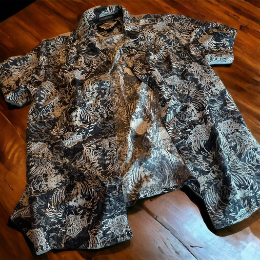 Harley Davidson All Over Print Hawaiian Shirt Rayon Medium 