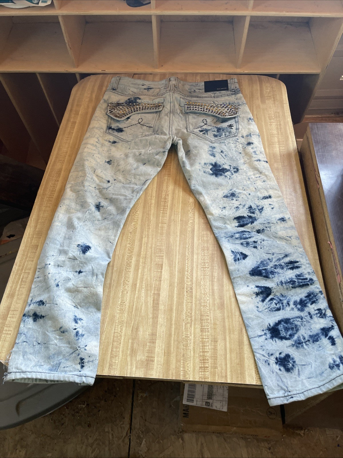 Rocawear Acid Wash Jeans 36/30 Flap Pockets Bedazzled Pockets Y2K Hiphop