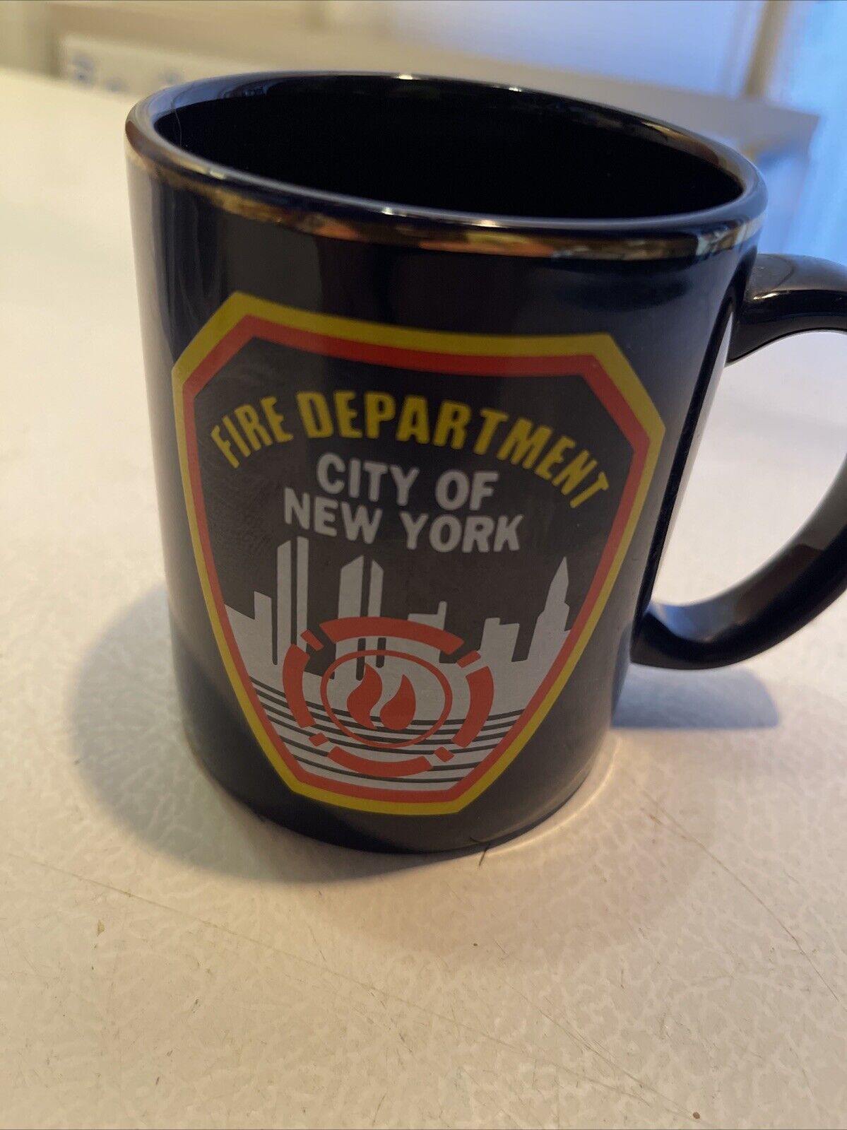 VINTAGE FDNY - Fire Department of New York - Coffee cup/mug - blue w/ logo - EUC