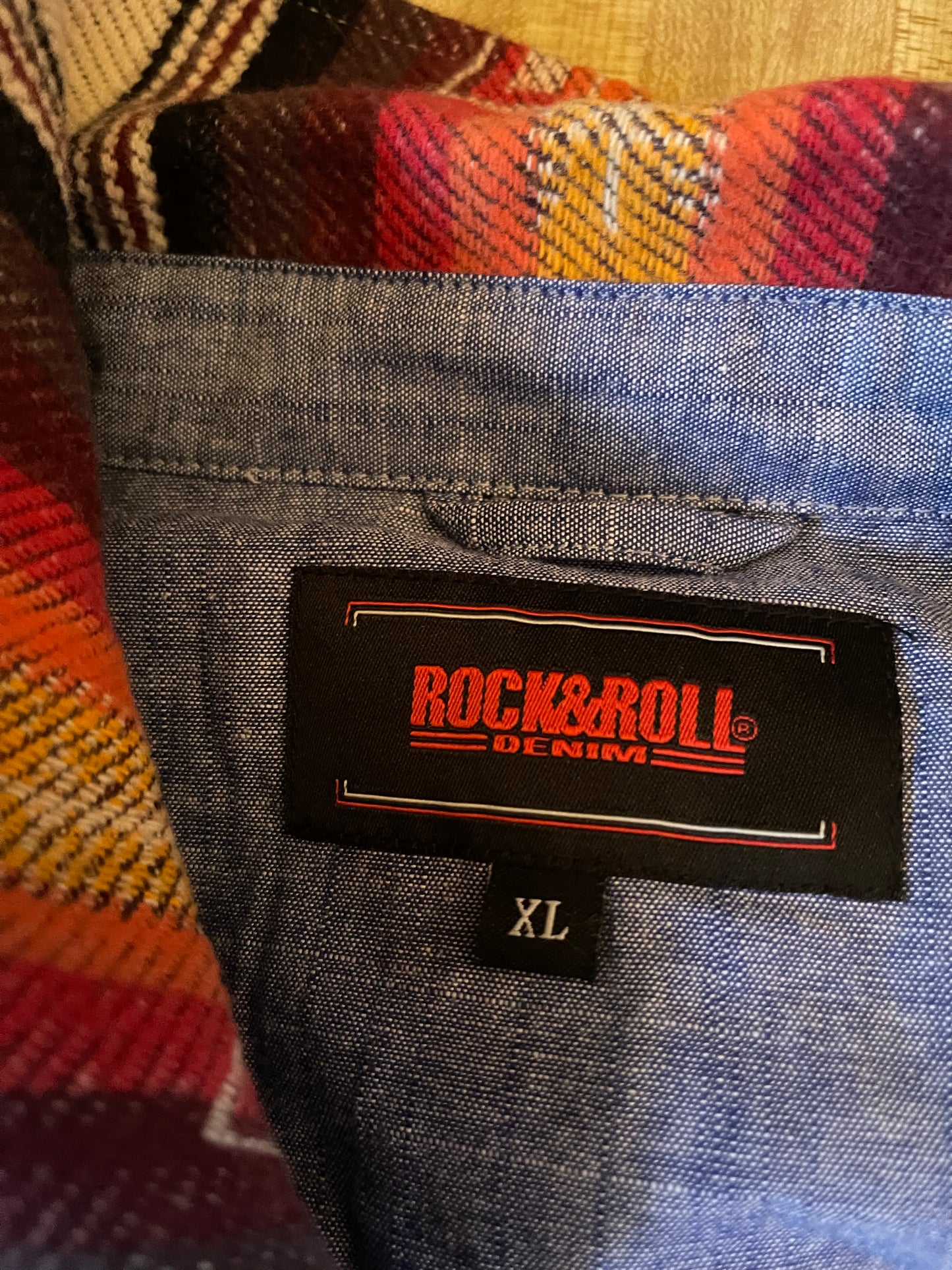 Rock & Roll denim cowboy flannel pearl snap Aztec southwestern xl