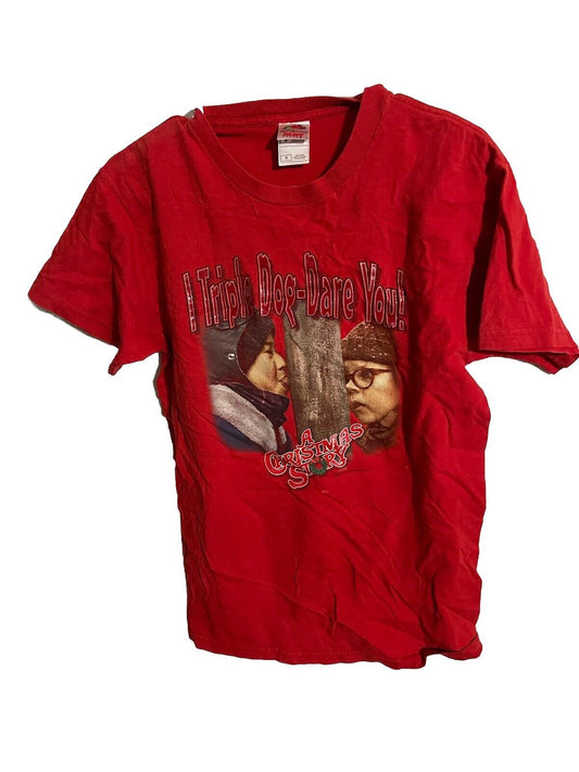 Red A Christmas Story movie shirt featuring iconic Triple Dog Dare You scene graphic