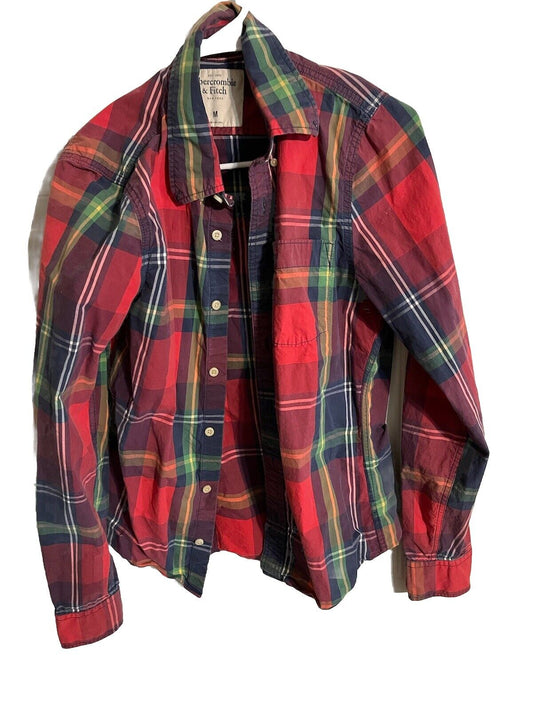 Abercrombie colorblock plaid shirt with red green and navy blue patterns and button front