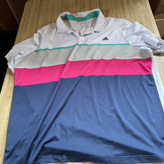 Adidas Climacool Polo 2XL in white with teal, gray, pink, and navy color block design from 1118 Emporium