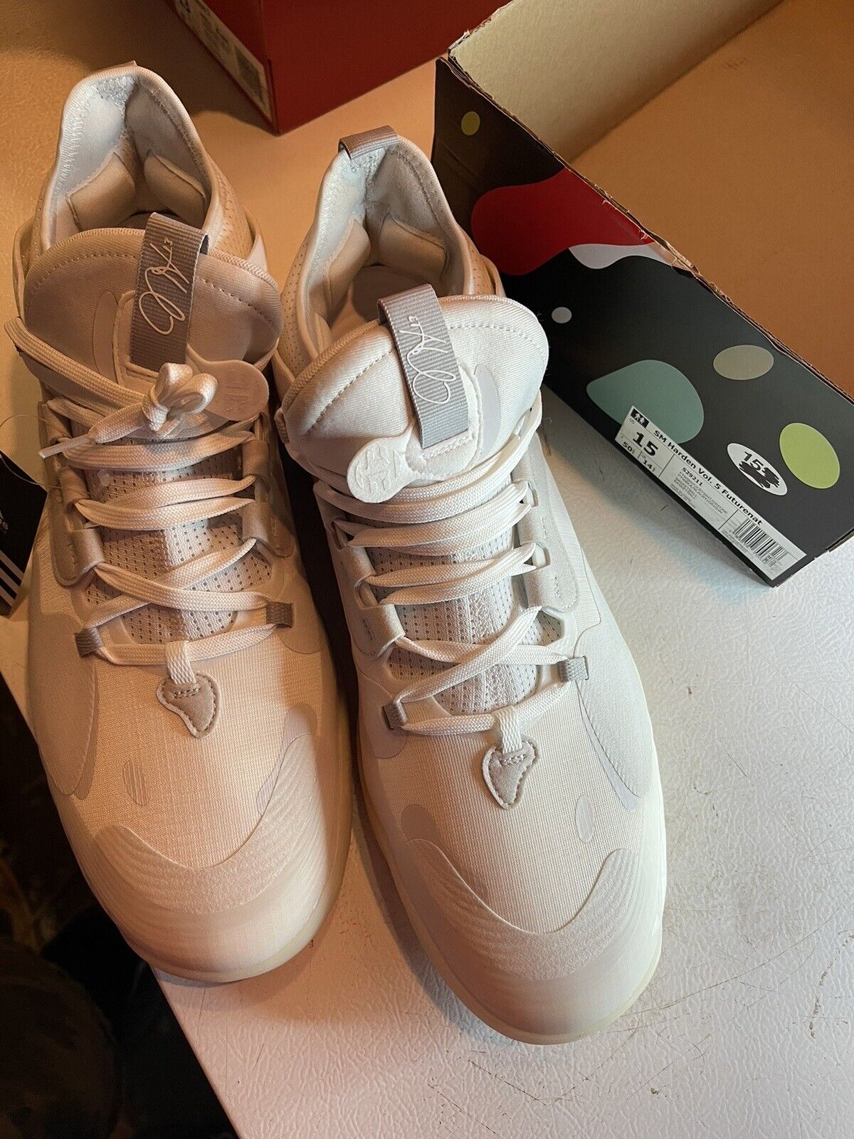 Light tan Adidas Harden Vol 5 Futurenatural basketball shoes with unique lacing and design from 1118 Emporium