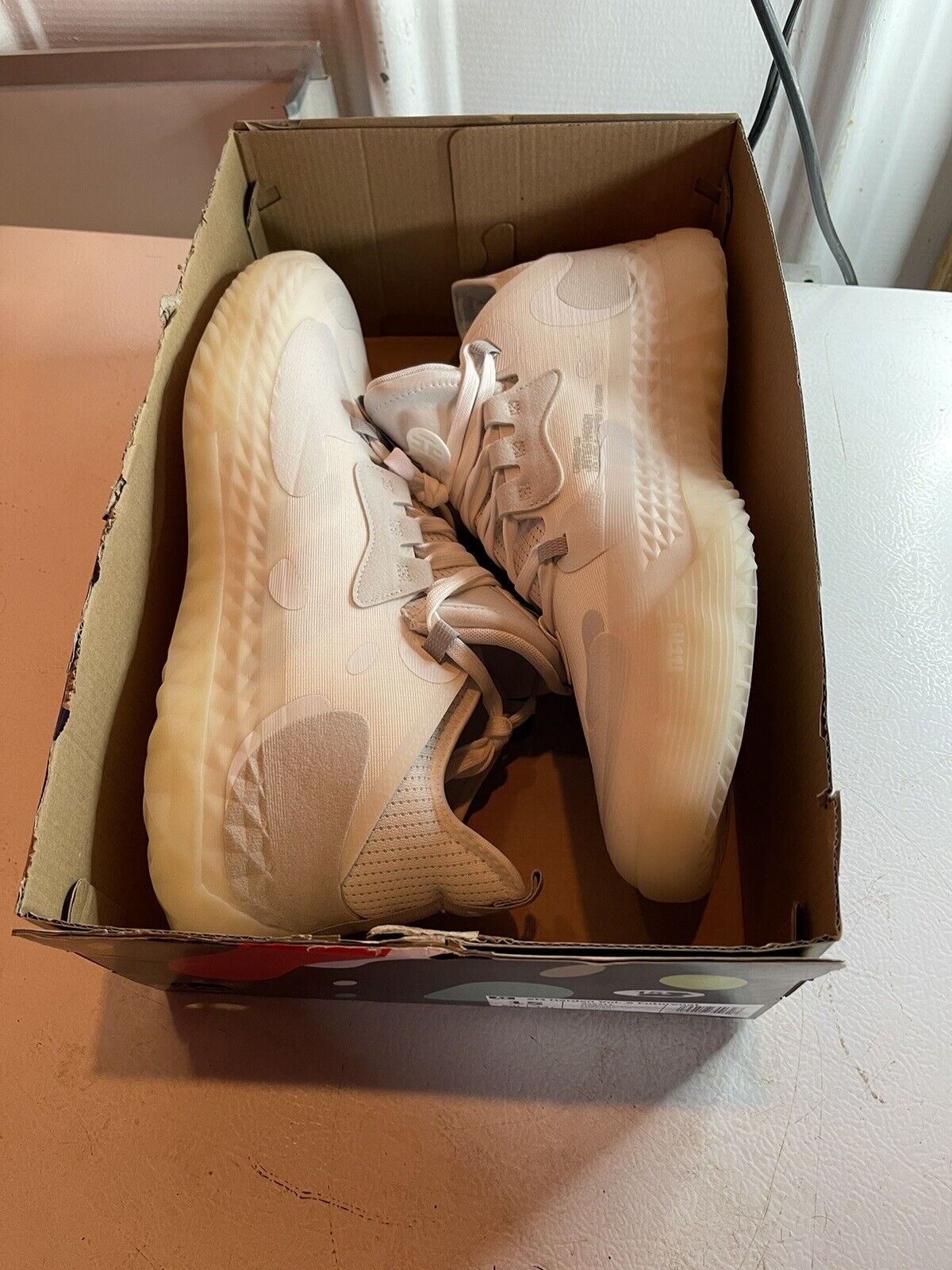 Adidas Harden Vol 5 Futurenatural basketball shoes in light beige inside an open cardboard box