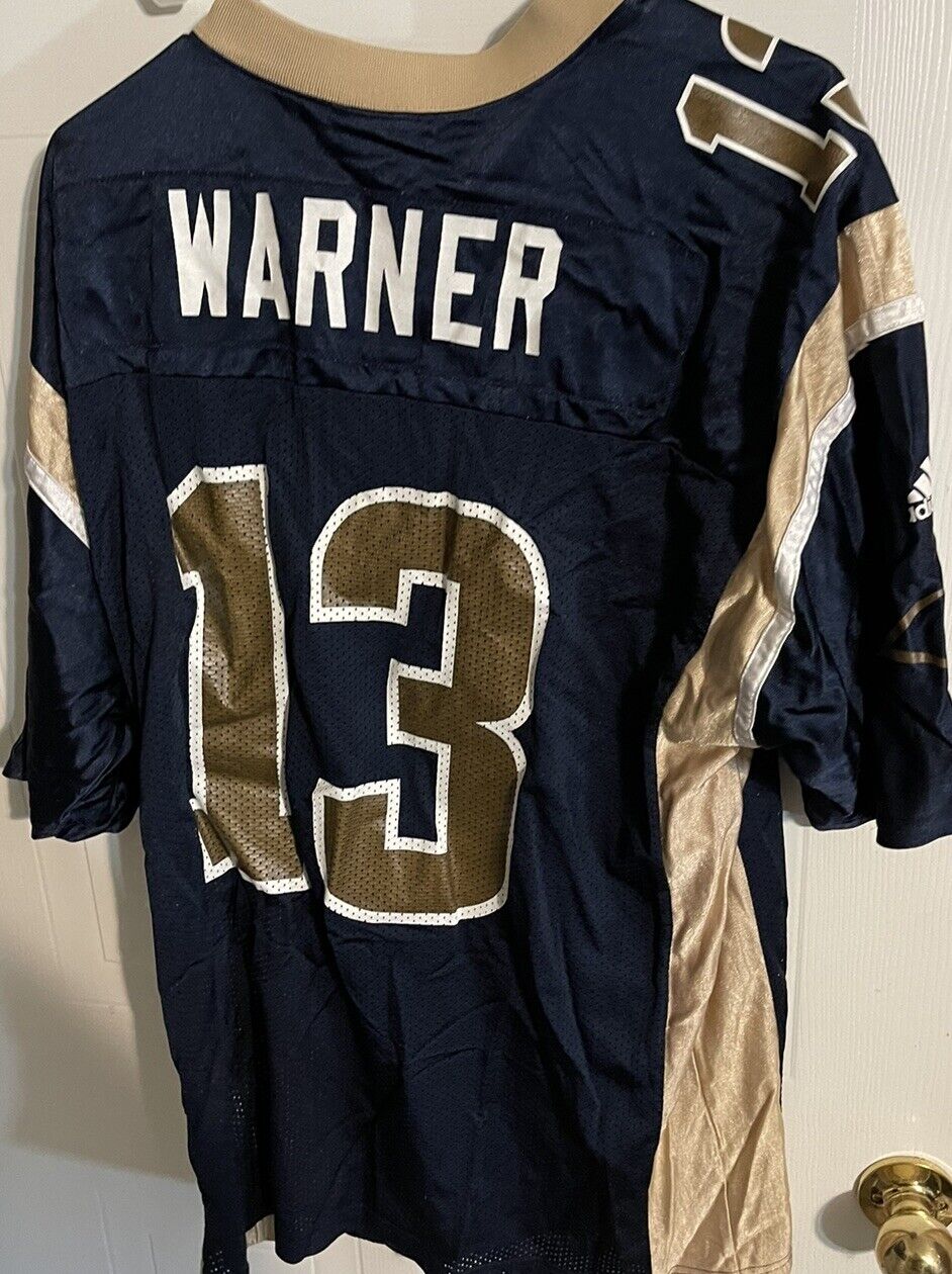 Adidas Kurt Warner Rams jersey in navy and gold with number 13 and Warner name on back