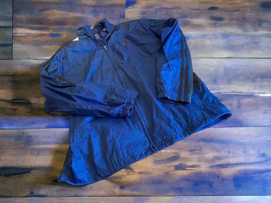 Large Adidas track jacket in navy blue with full zipper and three stripe sleeve design