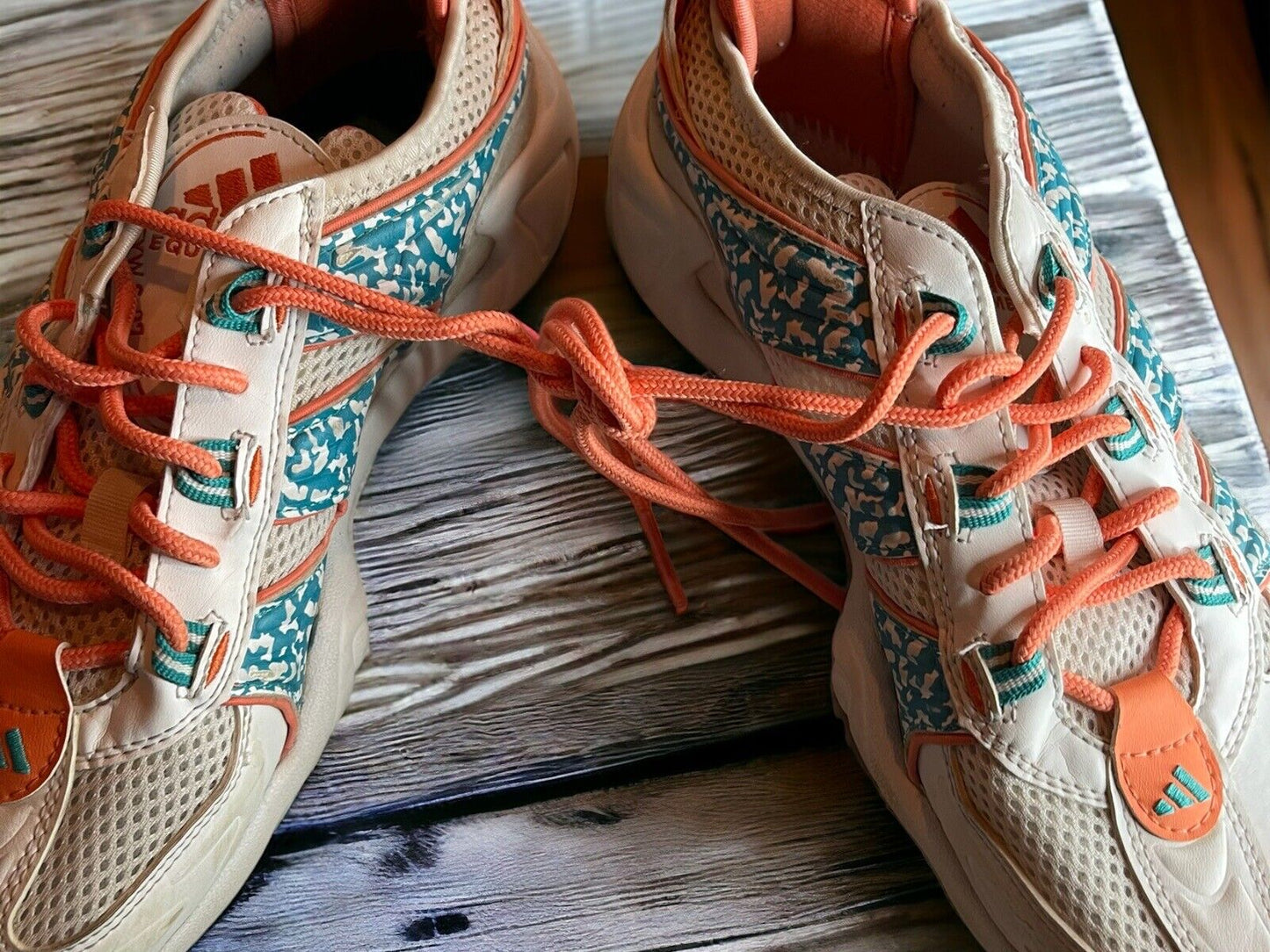 Adidas Originals FYW S-97 sneakers in beige with coral laces and blue patterned accents