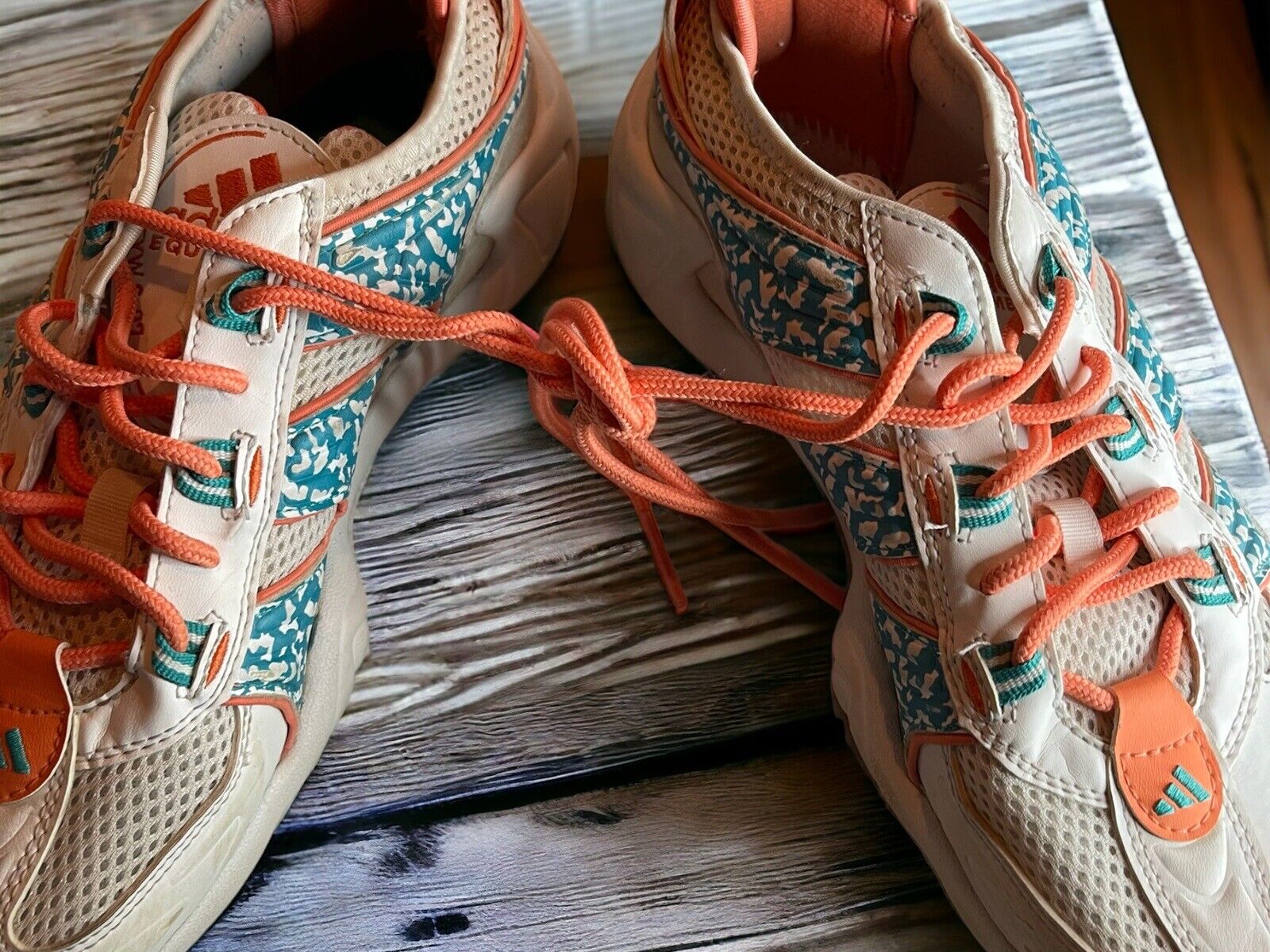 Adidas Originals FYW S-97 sneakers in beige with coral laces and blue patterned accents