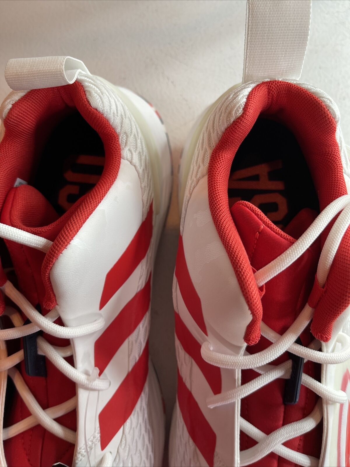 Top view of Adidas SM Exhibit A Team USA white and red basketball shoes with laces and padded collar