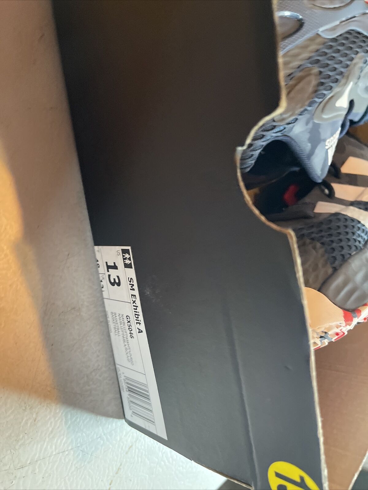 Adidas SM Exhibit A Team USA shoe box label showing size 13 displayed on black box