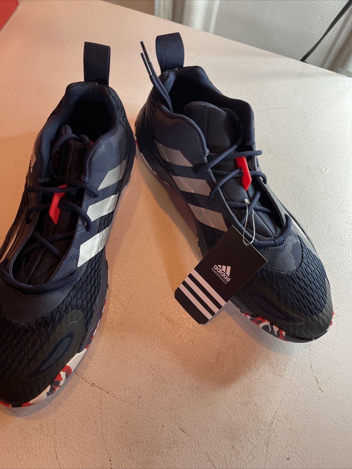 Adidas SM Exhibit A Team USA black sports shoes with white stripes and red accents, new with tags
